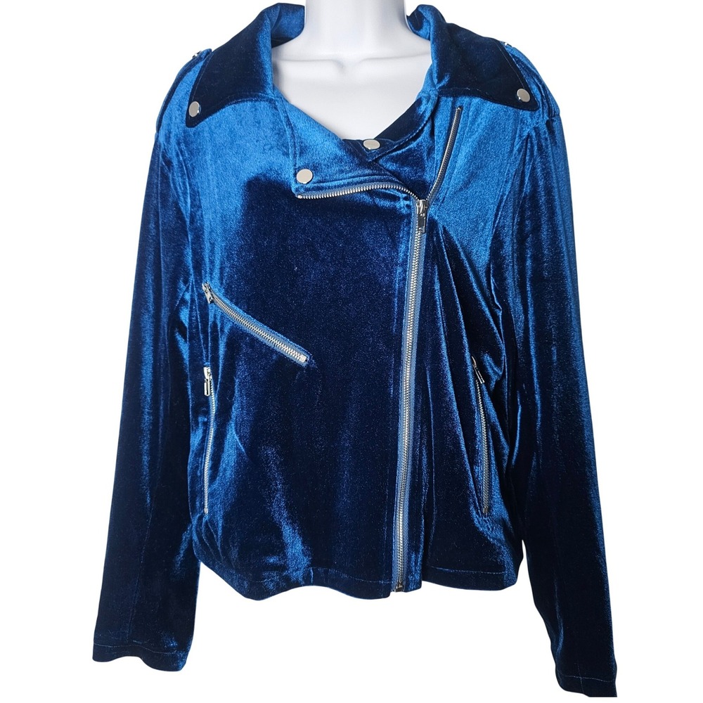 Another Love Tahani Royal Blue Velvet Asymmetric Zip Moto Jacket Dark Academia M